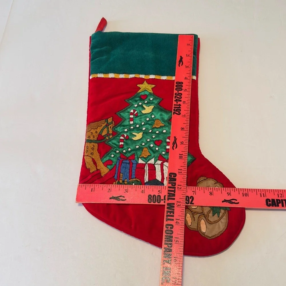Vintage Style Red Velvet Christmas Stocking Embroidered Tree‎ Bear Rocking Horse